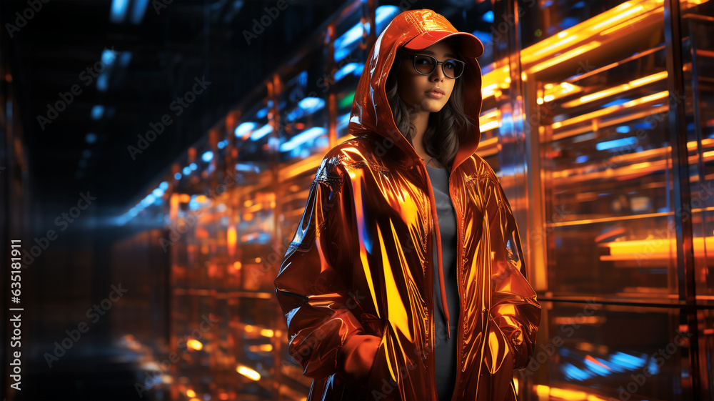 A young girl in a bright neon costume, a concept of the future, futuristic, motherhood