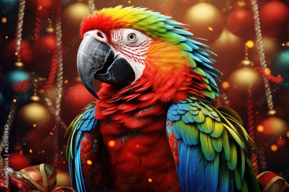 christmas parrot surrounded by colorful christmas ornaments