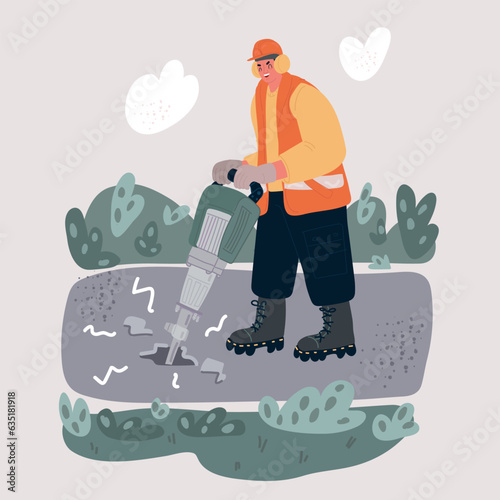 Vector illustration of workman using pneumatic drill. Jackhummer