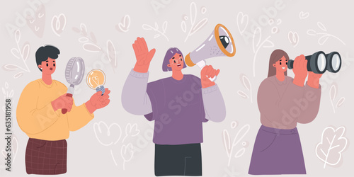 Vector illustration of Search for employees concept. Different specialization People with symbol them work. Creative, researching, looking, promotion. Binoculars, magnifying glass, bulb, megaphone