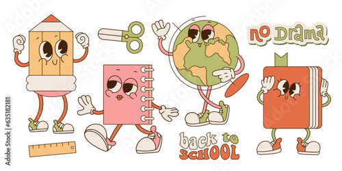 Set with school supplies groovy characters in gloves with quotes Back to school, No drama in contour flat retro classic cartoon style of 60s 70s. Globe, pencil, book, notebook mascots.
