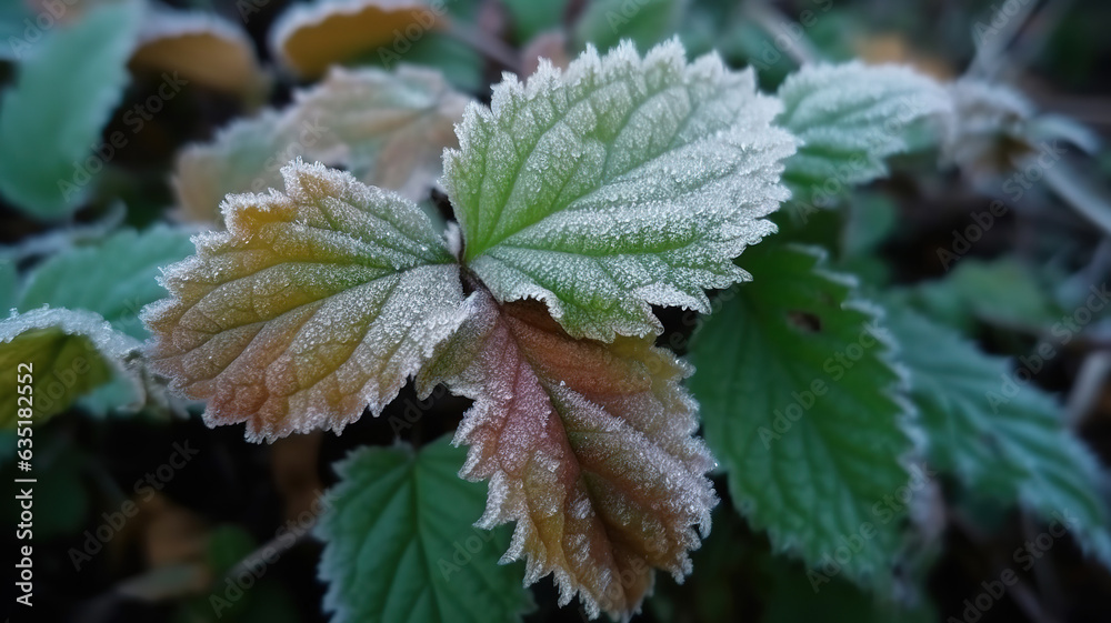 Closeup view of frozen leaves of plant bushes on a cold winter morning. Generative Ai Closeup view of frozen leaves of plant bushes on a cold winter morning. Generative Ai
