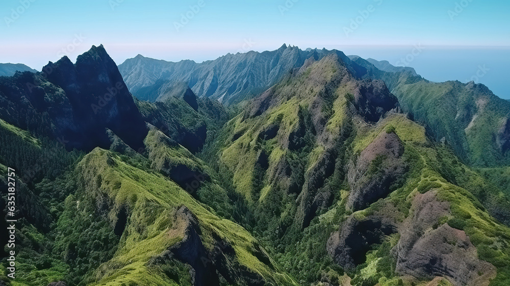 Beautiful mountain landscape of Madeira island, Portugal, on a summer day. Aerial panorama view. Generative Ai