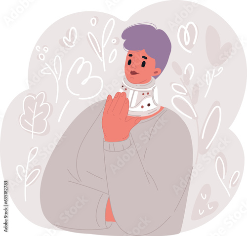 Vector illustration of woman broken Happy woman in cast neck splints collar. Social security and health insurance concept.