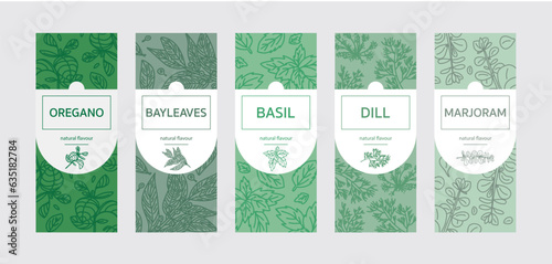 Set of spices, labels for jars and bottles with herbs: oregano, bay leaves, basil, marjoram, dill, herbaceous theme
