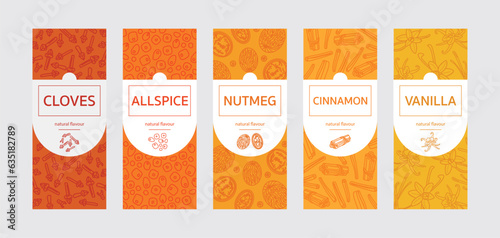 Set of warm and sweet spices, labels for jars and bottles: cloves, allspice, nutmeg, cinnamon, vanilla