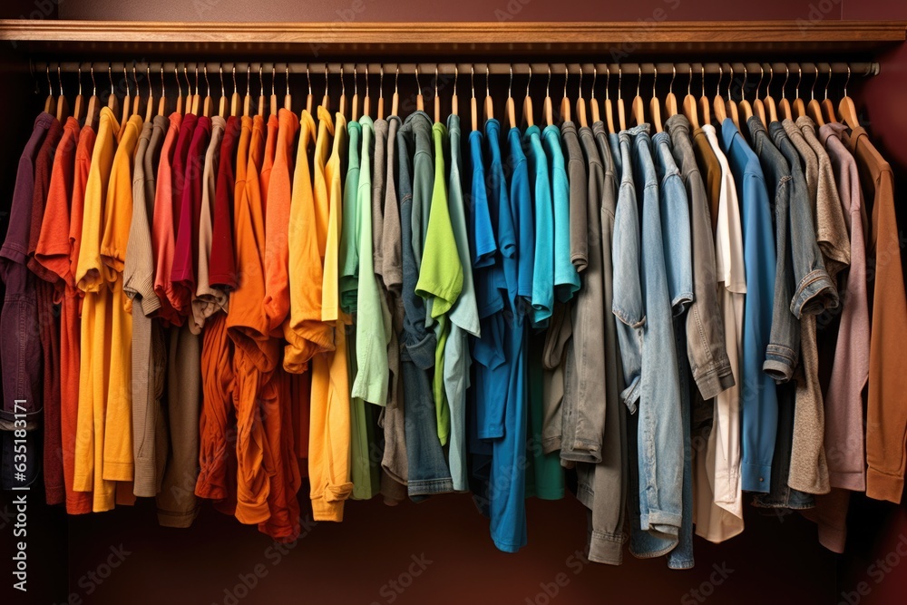 Fashion clothes on clothing rack - bright colorful closet. Closeup of rainbow color choice of trendy female wear on hangers in store closet or spring cleaning concept. Summer home wardrobe.