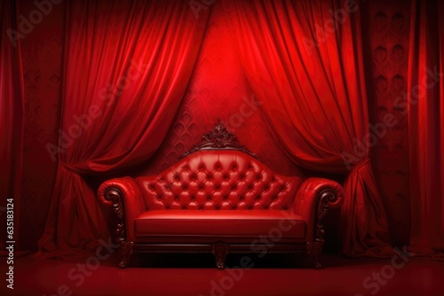 A red sofa in luxury style stands on a red background with copy space for text. Design for a club, casino or cabaret theater photo