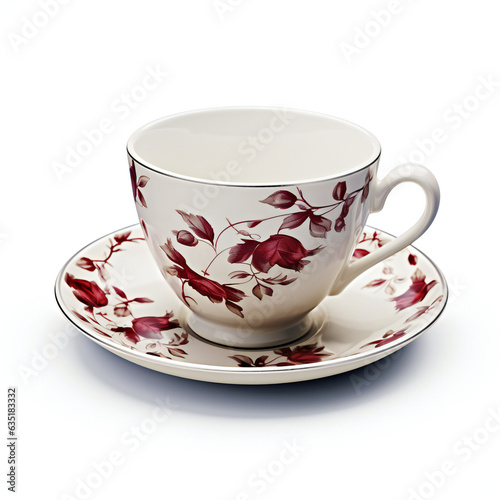Porcelain tea cup with floral pattern isolated on a white background