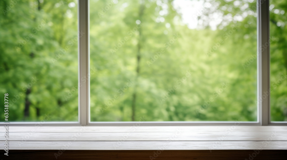 Empty wooden table with a wooden-framed window, a dense forest unfolds background. High quality photo Empty wooden table with a wooden-framed window, a dense forest unfolds background. High quality photo
