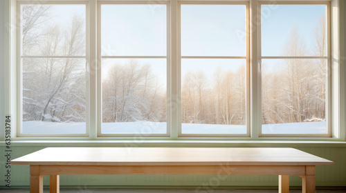 Empty wooden table sits before a window showcasing a snow covered forest. High quality photo