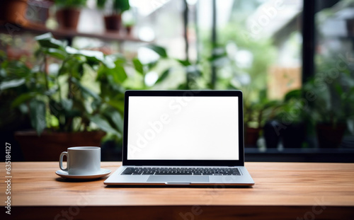 Wooden table with laptop white screen and a cup of coffee, complemented by a vibrant potted plant blurred background. High quality photo