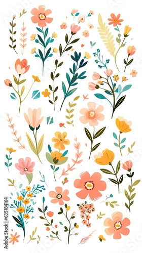 Cute minimal spring flowers gouache illustration made with Generative AI 