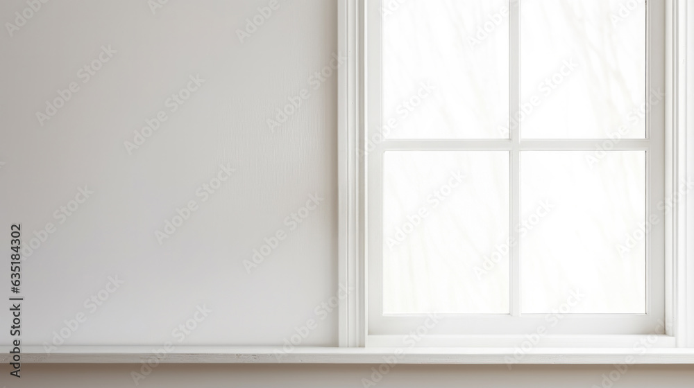 White wooden table with white walls s large window bathed in natural light stands as the focal point. High quality photo White wooden table with white walls s large window bathed in natural light stands as the focal point. High quality photo