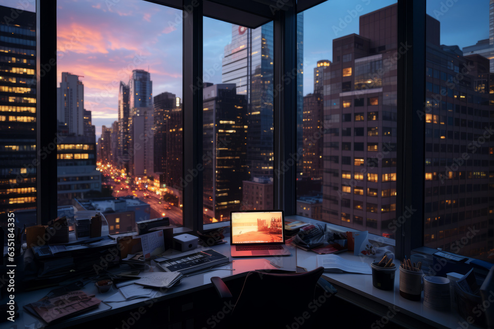 Busy city streets visible from a window beside a workspace, screen's glow, scattered papers, ambient city hum, twinkling skyscrapers
