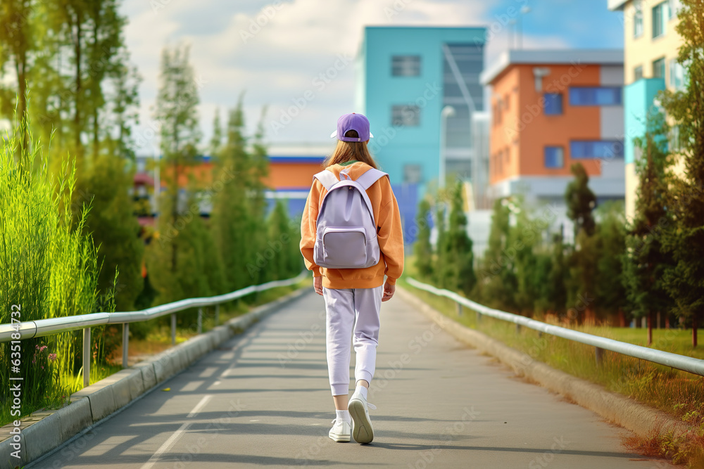 Teen Girl in Orange Sweatshirt and Lavender Joggers Heading to School