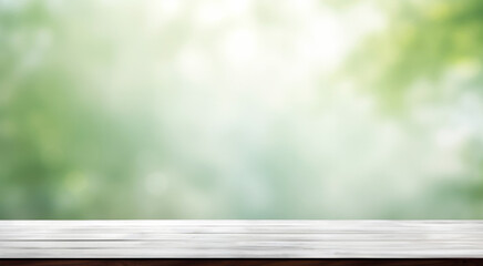 In a green forest, a wooden table stands, surrounded by tall trees blurred background. High quality photo