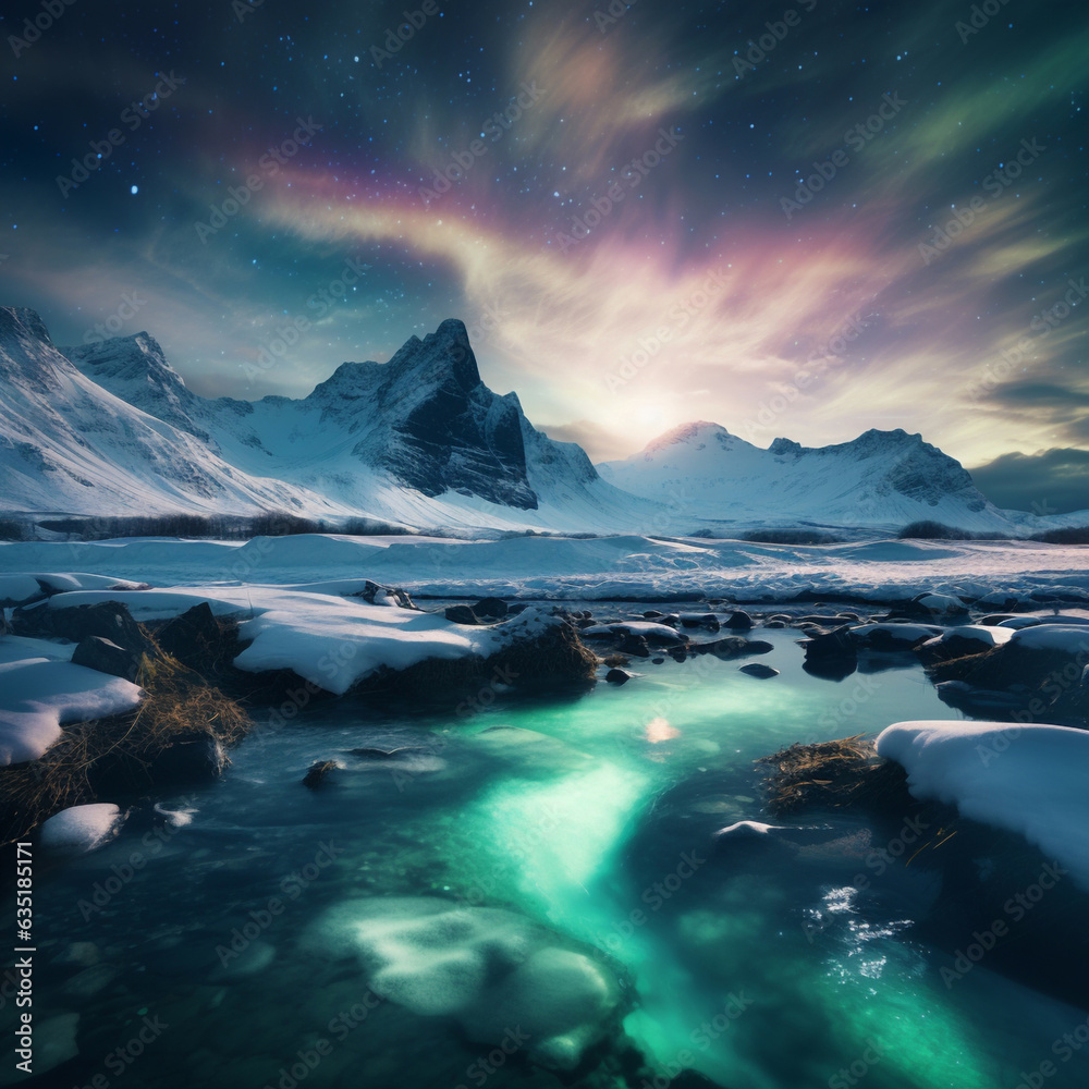 celestial dance in the sky: realistic landscape of the northern lights