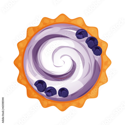 Homemde pie, tart top view whole with yogurt or cream an blueberry round bakery, dessert top view in cartoon style isolated on white background.