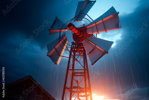 Old wooden windmill on a farm in windy weather