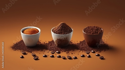 Evolution of coffee. Beans, ground coffee and cup of espresso coffee. Generative Ai