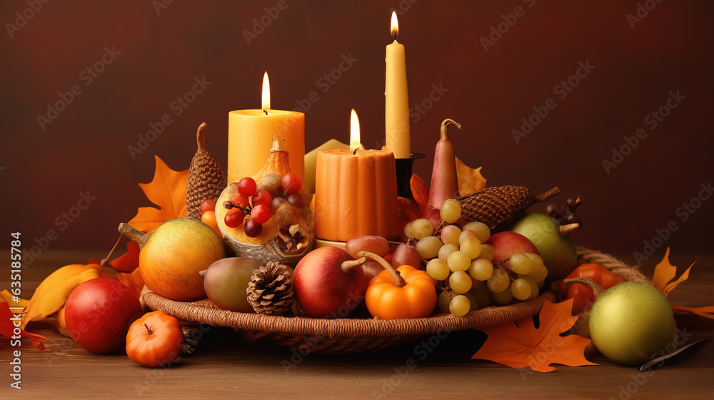 Cornucopia composition with delicious foods, Festive cornucopia arrangement with copy space. Generative Ai Cornucopia composition with delicious foods, Festive cornucopia arrangement with copy space. Generative Ai