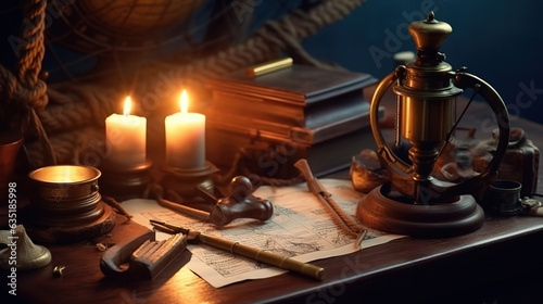 Binoculars  globe and mooring rope on the ship captain table in the light of burning candle. Generative Ai