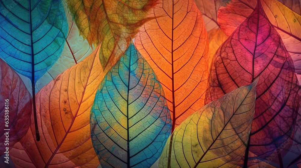 Autumnal composition of transparent colorful leaves, Beautiful pattern. Generative Ai Autumnal composition of transparent colorful leaves, Beautiful pattern. Generative Ai