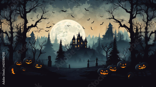 Spooky Halloween night with a full moon and silhouettes of haunted houses - perfect for creating eerie Halloween party invitations!