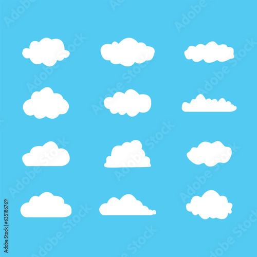Set of clouds. Set of different clouds on blue background. Collection of cloud icon, shape, label. Vector