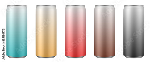 Set of white, red, yellow, green, brown and black tin cans of energy drink, juice or soda. Cocktail of fitness drink. Cold beverages. Gradient colors