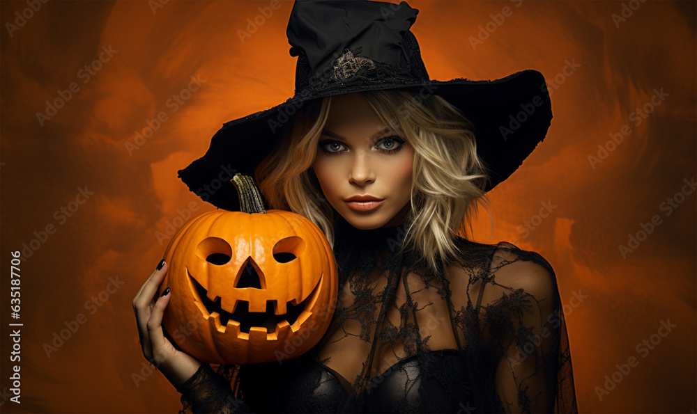 Beautiful girl in black witch costume with pumpkin. Halloween concept.