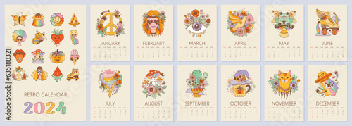 2024 calendar template. Retro art, groovy psychedelic style. Months pages with sketch of hippie girl, acid eye, cat, mushroom, cactus, peace symbol. Wall hippie calender design, week starts on sunday