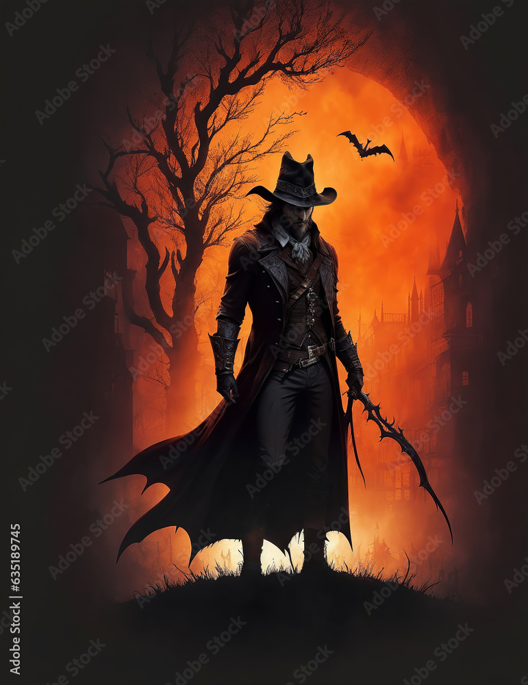 A The Hunter, wearing black coat, top hat, and beak mask stands in front of a large tree in an eerie, with a castle silhouette and flying bats - Generative Ai