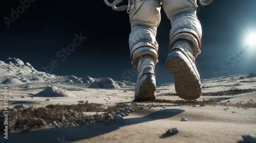Fotografia Close up of feet wearing astronaut boots, moonwalk. Generative AI
