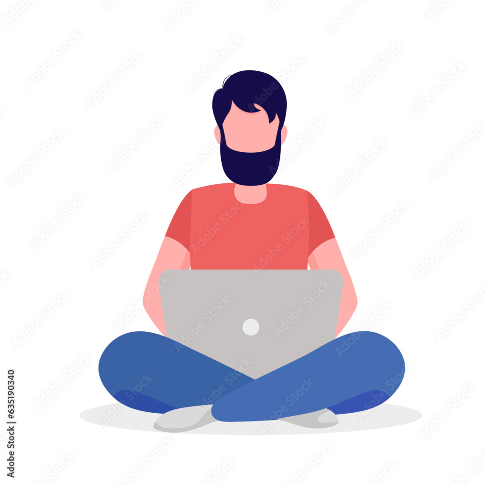Man with a beard sitting and working on the computer. Vector illustration in flat style. Isolated on white background. Man with a beard sitting and working on the computer. Vector illustration in flat style. Isolated on white background.