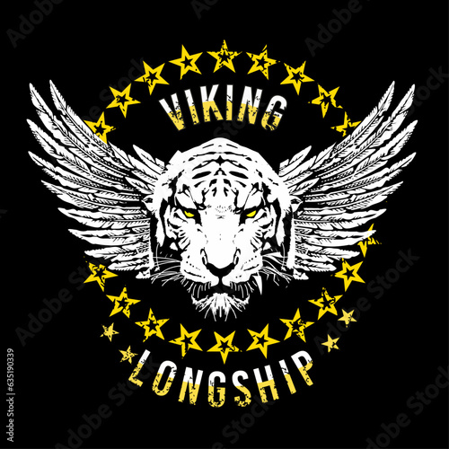 Viking longship. T-shirt design of a tiger face with wings, stars and text. vector illustration for rock music.