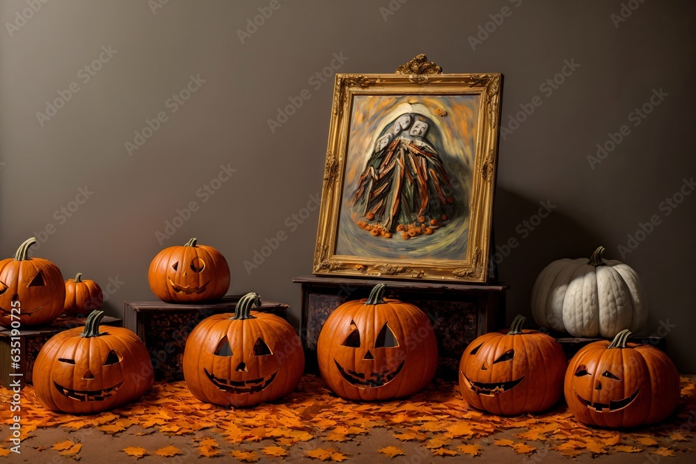Obraz premium A Group Of Pumpkins Sitting On Top Of A Table
