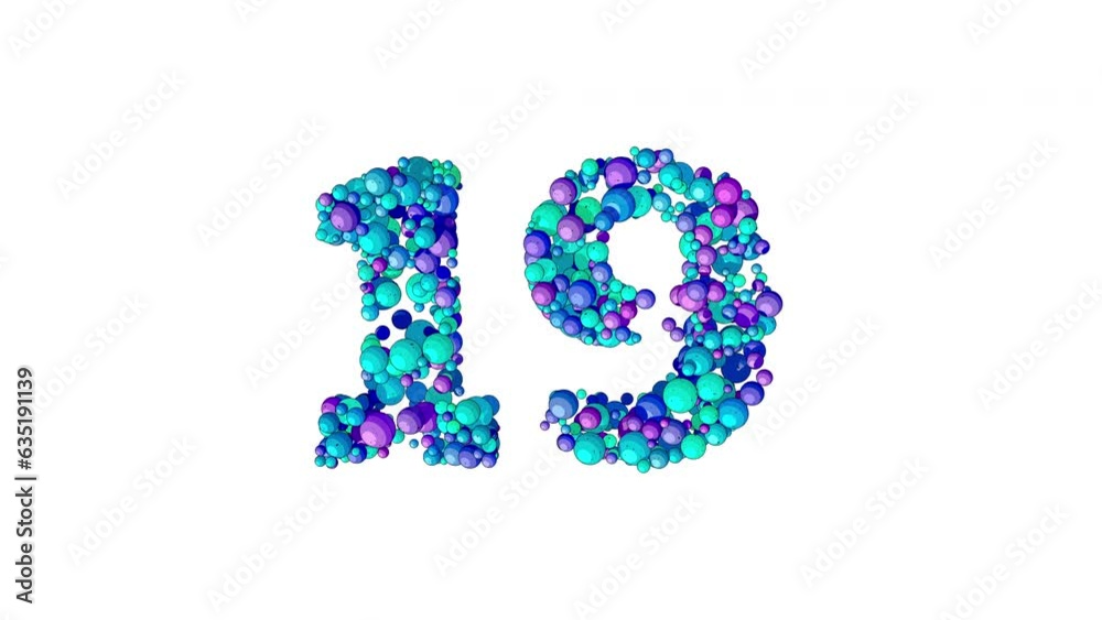 Number 19 reveal in cartoon style with dynamic multicolored balls for learning numbers, digits and counting. 4K 3 d render isolated on white background. Number 19 reveal in cartoon style with dynamic multicolored balls for learning numbers, digits and counting. 4K 3 d render isolated on white background.