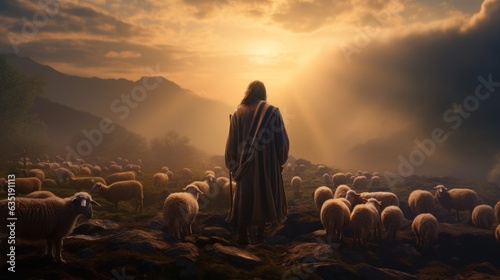Jezus pasący owce na wieczornym niebie