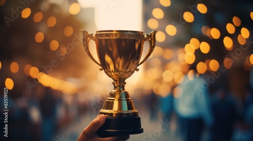 Trophy cup with gold confetti flying around people's hands holding it up