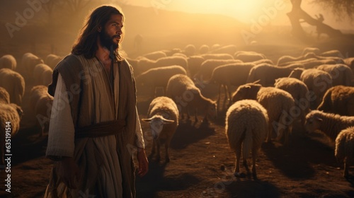 Jesus shepherding the sheep in evening sky