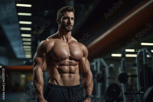 a handsome white american athlete bodybuilder with healthy muscular body standing shirtless with naked torso in a gym. blurry fitness gym in the background. Generative AI  © SayLi