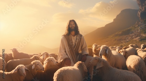 Jesus shepherding the sheep in evening sky