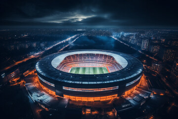 Aerial view on soccer stadium in evening time, Football arena with people city, championship, live TV channel, Broadcast of the match