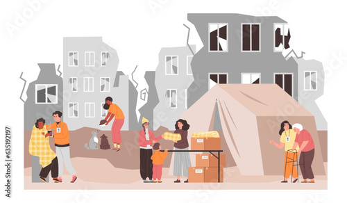 Volunteers helping people after house destruction, flat vector illustration isolated on white background.