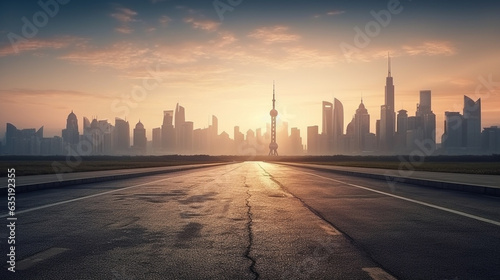 Empty asphalt road and modern city skyline with building scenery at sunset beautiful high angle view