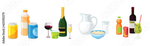 Drinks with Soda Can, Alcohol, Milk and Juice Vector Set