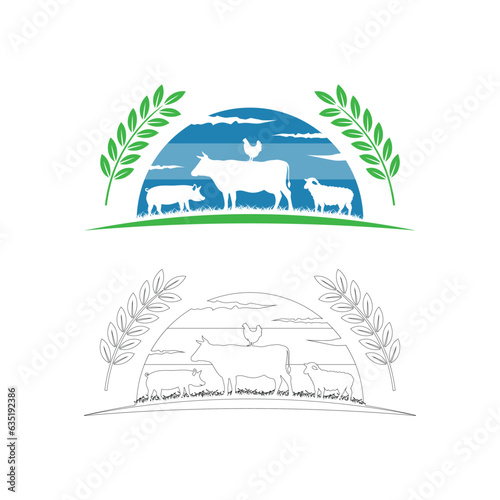 Organic farm with domestic animals vector icon in green and blue tones.
