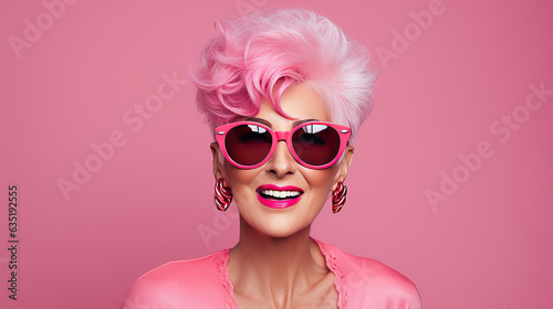 Senior fashion and trends. Stylish modern fashionable trendy senior older woman with short pink hair wearing pink cloth on pink background, fashion doll banner